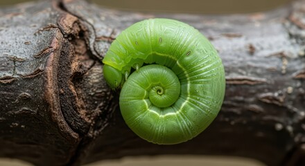 Fototapeta premium Vibrant green caterpillar coiled on tree branch in natural habitat