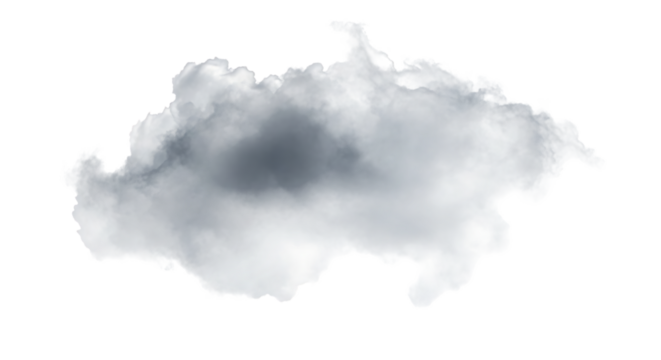 A fluffy grey cloud isolated on transparent background, casting a soft shadow below, with a slightly darker center and lighter edges, creating a sense of depth and volume in the sky, perfect for compo