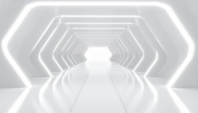 Futuristic white corridor with glowing light strips and vanishing point — sleek sci-fi symmetry and infinite depth.