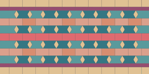 A colorful patterned wall with alternating rows of tiles and diamond shaped decorations along the wall