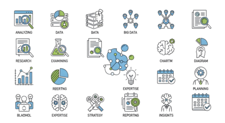 Business analytics icons illustrating data, research, and planning concepts