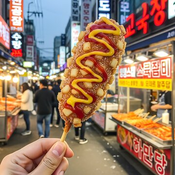 A close-up shot of a hand holding a corn dog with ketchup and mustard swirls, in front of a busy street