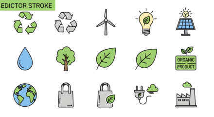 Eco-friendly icons: Sustainable living, clean energy, and environmental care