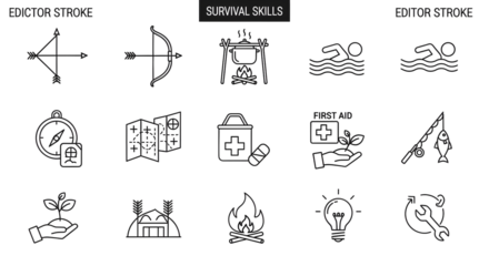Survival skills icons for outdoor adventure and preparedness needs