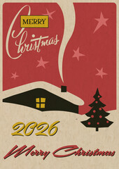 Mid Century Modern Christmas Greeting Card, Atomic Age 1950s - 1960s Postcard, Merry Christmas Illustration, Vintage Colors, Aged Paper Texture