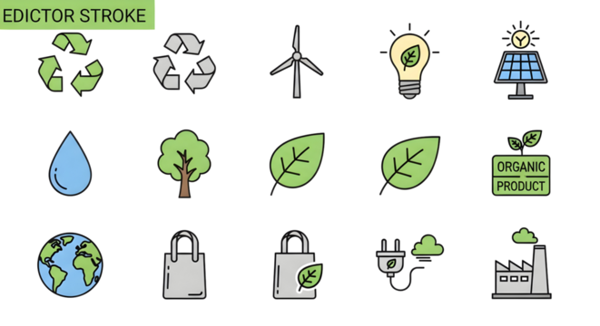 Eco-friendly icons: Sustainable living, clean energy, and environmental care