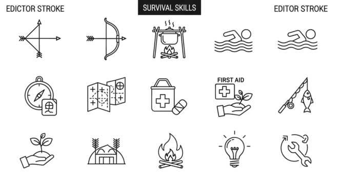 Survival skills icons for outdoor adventure and preparedness needs