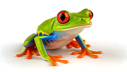 Obraz premium Colorful red eyed tree frog sitting on white background close up 