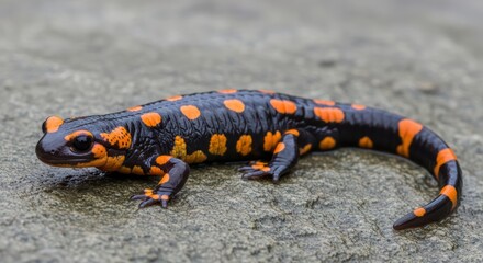 Obraz premium Spotted salamander on wet surface: vibrant black and orange amphibian in natural habitat