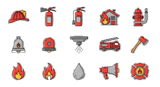Fire safety icons for emergency services and public awareness campaigns