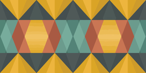 Geometric pattern with triangles and hexagons in shades of yellow green gray and reddish brown design