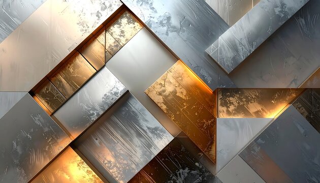 Abstract geometric composition of layered rectangles in varying metallic hues, arranged diagonally. Subtle lighting creates depth and highlights textures