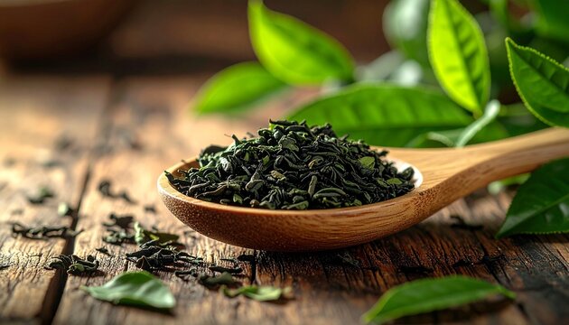 Wooden spoon with dried tea leaves on rustic surface — earthy contrast of fresh and aged botanicals.
