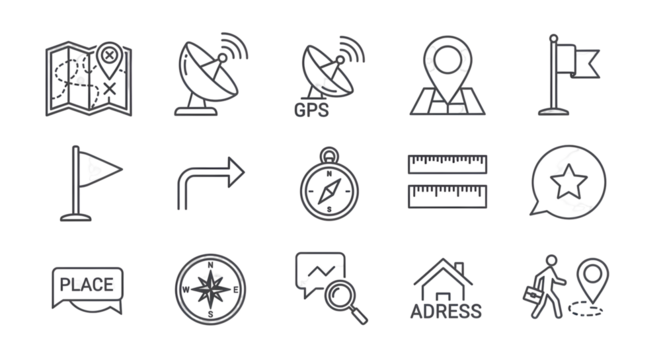 Navigation and Location Icons for Travel, Business, and Planning