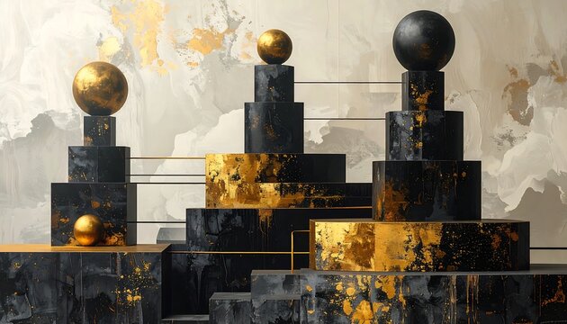 Abstract geometric composition with black and gold textured surfaces. Spheres top layered cylindrical and rectangular shapes
