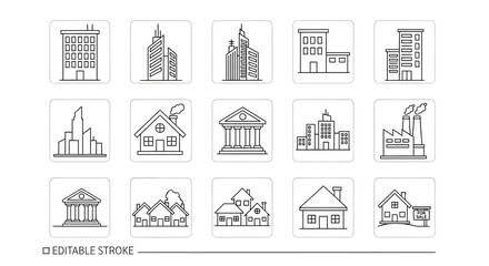 Minimalist building and housing outline icons for real estate concepts