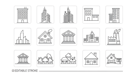 Minimalist building and housing outline icons for real estate concepts