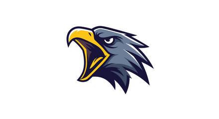 Obraz premium A graphic illustration of a fierce eagle head mascot with a yellow beak and dark blue feathers on a plain white background.