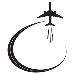 Airplane taking off isolated on white background, leaving a curved trail, symbolizing travel, adventure, and new beginnings in aviation