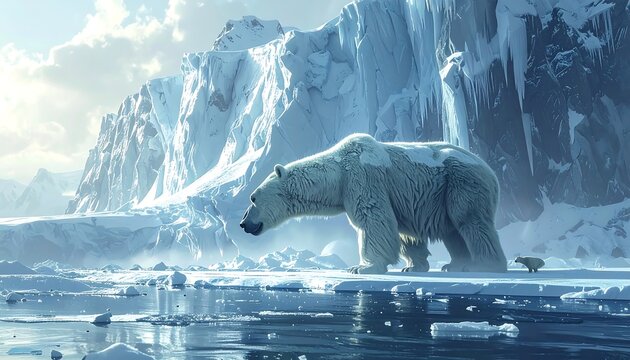 An adult polar bear and its cub traverse a frozen Arctic landscape with glistening icebergs and sparkling waters under a bright sky - Powered by Adobe