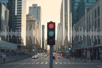 Dynamic cityscape with traffic signal and audio wave illustration, conveying communication, data, and urban life concepts