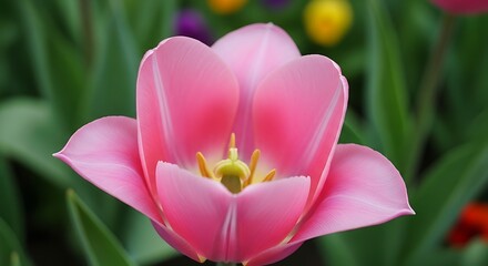 A close-up shot of a pink tulip in full bloom, revealing delicate petals and a yellow stamen center, against a blurred garden backdrop
