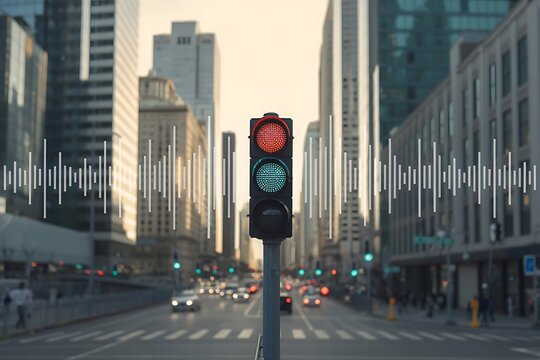Dynamic cityscape with traffic signal and audio wave illustration, conveying communication, data, and urban life concepts
