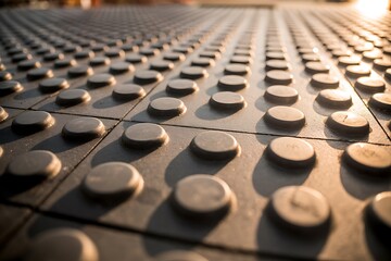 Tactile paving with raised circular markers, providing accessibility and guidance for visually impaired pedestrians during golden hour