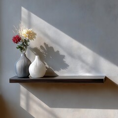 Elegant vases with flowers on a minimal shelf.