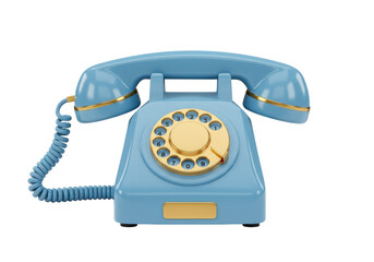 Isolated retro blue rotary telephone receiver and base, classic call technology appliance