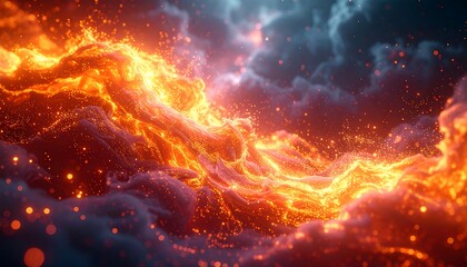 An abstract image showcases a swirling, fiery expanse of incandescent light against a backdrop of deep blues and grays. The scene is dynamic and chaotic