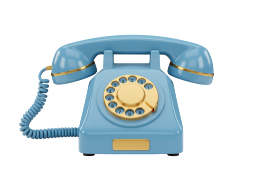 Isolated retro blue rotary telephone receiver and base, classic call technology appliance