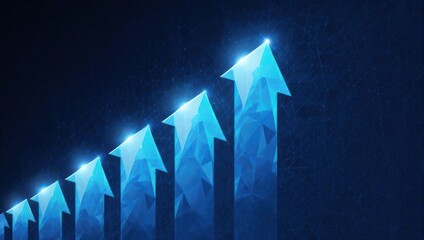 Abstract graphic of multiple upward-pointing arrows, polygonal design, on a dark blue background, suggesting growth and progress.  Glowing light at arrow tips