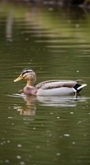 Obraz premium A close-up shot of a single duck with intricate feather patterns peacefully floating on a still body of water. Subtle reflections are visible