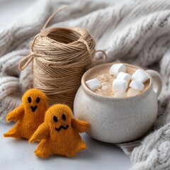 Cozy warm drink with playful ghosts and yarn.