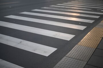 Pedestrian crosswalk with white stripes and tactile paving for accessibility, urban city scene with safety elements