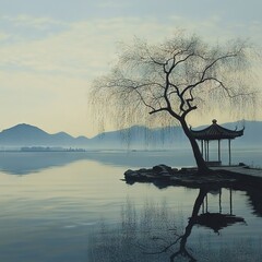 Tranquil Lake Willow Pavilion