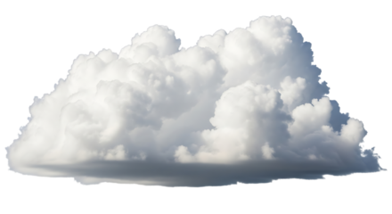 A large, cumulus cloud isolated on transparent background, featuring a dense, cottonlike texture with varying shades of white and gray, creating a dynamic and voluminous form against the clear backdro
