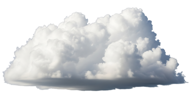 A large, cumulus cloud isolated on transparent background, featuring a dense, cottonlike texture with varying shades of white and gray, creating a dynamic and voluminous form against the clear backdro
