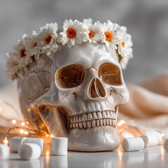 Decorative skull with flowers and soft lighting.