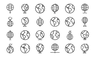 Education and Learning Icon Set – Backpack, Diploma, Tablet, Map, School Building, World Globe, Mouse, and Classroom Equipment in Outline Style on White Background