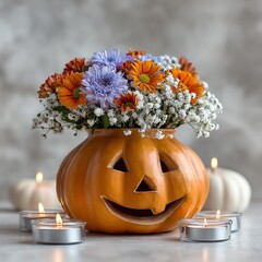 Cheerful pumpkin vase filled with autumn flowers.