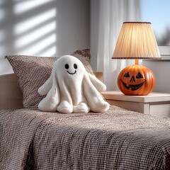 Cute plush ghost with Halloween decor.