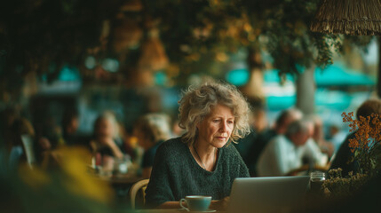 Mature woman with curly hair working on laptop in cozy café, creative freelancer or writer lifestyle concept, warm daylight ambiance and mindful digital nomad work inspiration