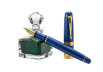 Isolated fountain pen and inkwell stationery set for sophisticated writing in elegant style