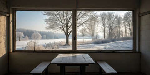 Fototapeta premium Rustic Wooden Table and Benches Inside Cabin with Frosted Window View of Winter Forest Landscape, Ideal for Seasonal Mood Photography, Nature Retreats, Cozy Interiors, Quiet Winter Morning Concepts