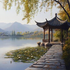Tranquil Pavilion by Autumn Lake