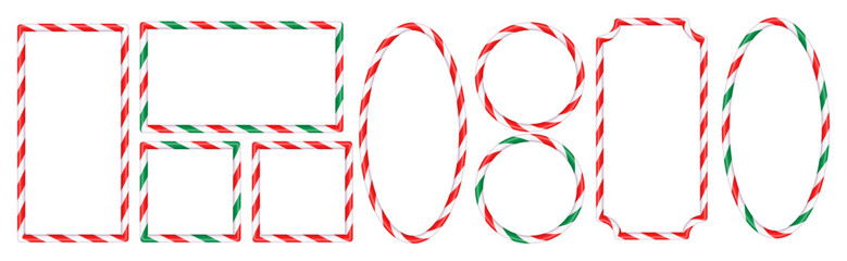 Christmas oval and round wavy candy cane frames with red, white, and green stripes. Christmas striped candy canes for text decoration. Christmas design elements. Isolated vector 
