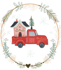 Obraz premium Charming, whimsical holiday illustration of a vintage red pickup truck carrying a cozy, snow-covered gingerbread-style house and a small Christmas tree. The festive scene is framed by an elegant frame