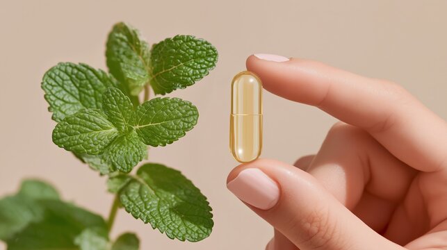 A transparent golden capsule is held gently by fingers beside fresh mint leaves. The clean minimalist setup represents natural supplements, herbal medicine, and organic health care - Powered by Adobe